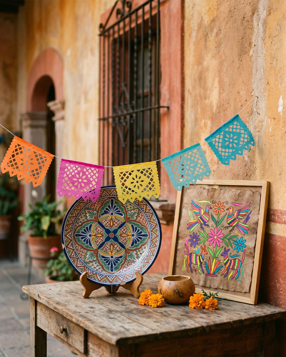 Folk art from Central Mexico including Talavera pottery and papel picado