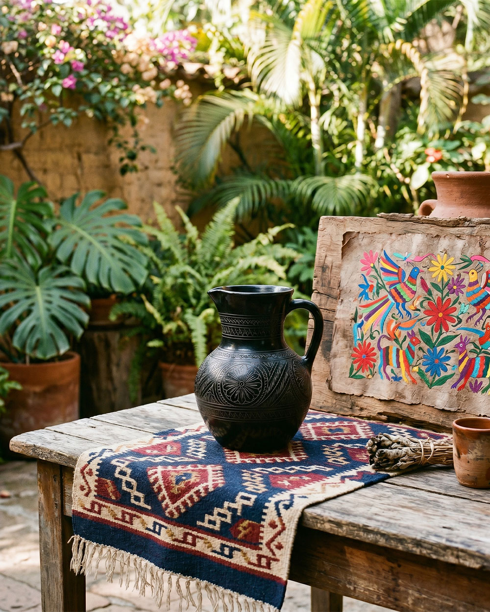 Folk art from Southern Mexico including black clay pottery and woven textiles