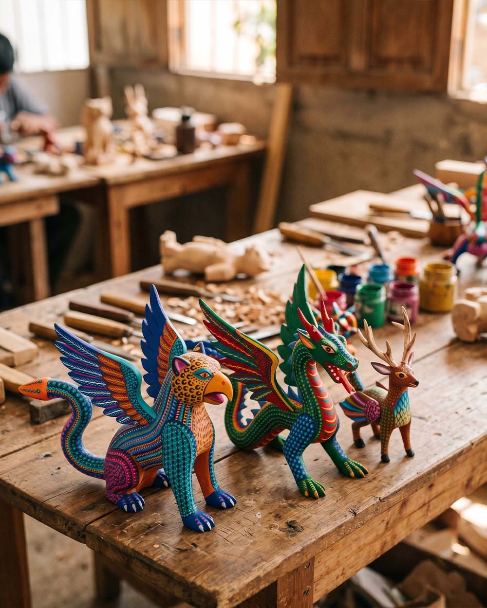 Hand-carved and hand-painted wooden alebrije spirit figures from Oaxaca, Mexico