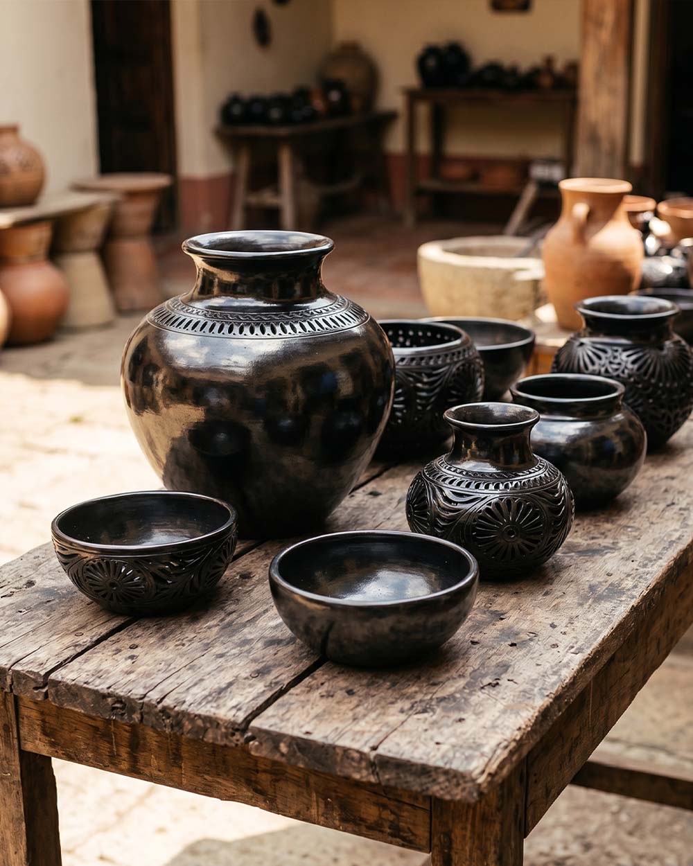 Glossy black barro negro pottery with burnished metallic sheen from Oaxaca, Mexico