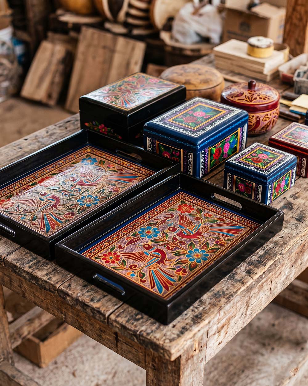 Hand-lacquered wooden trays with incised floral designs from Olinalá, Mexico