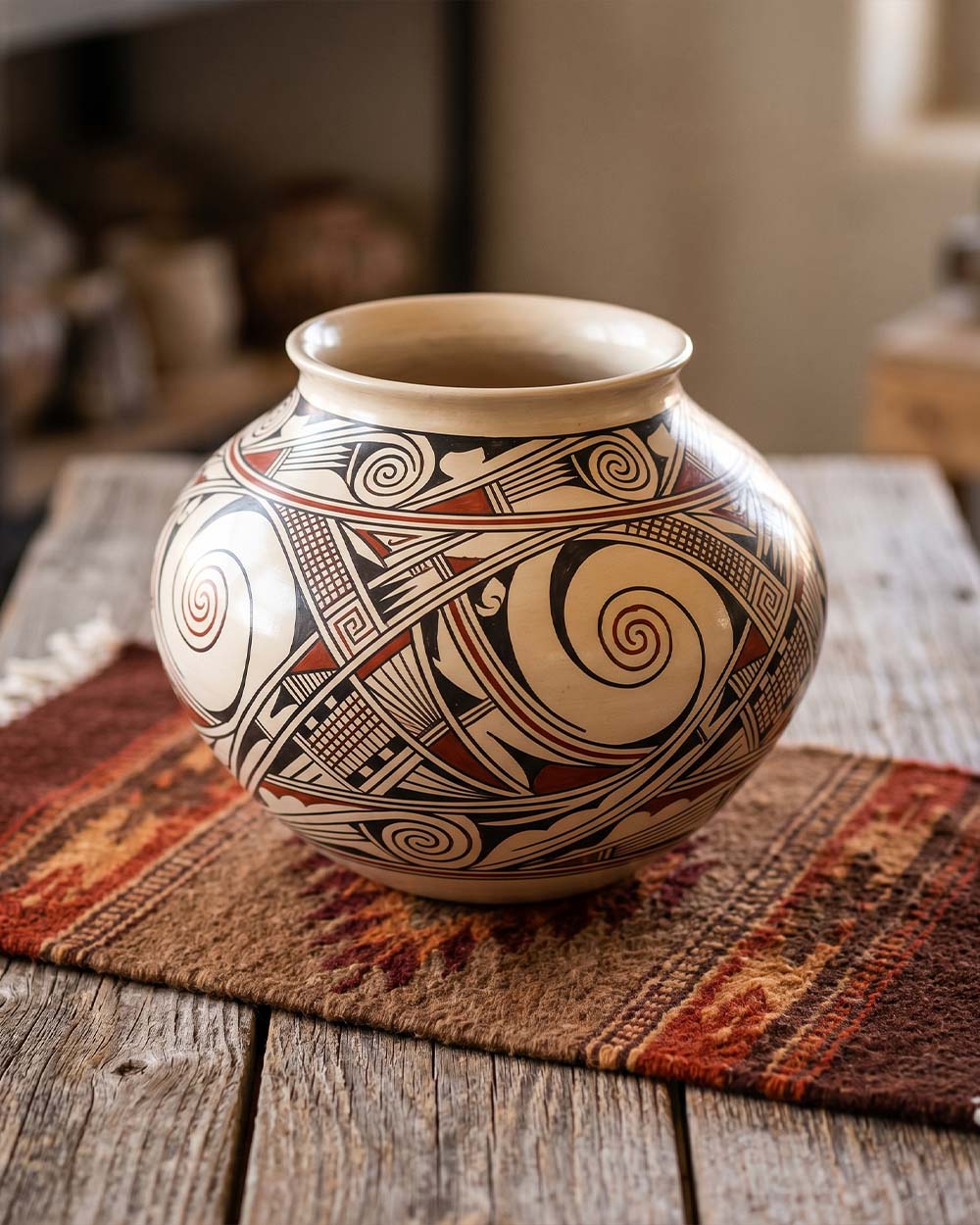 Hand-coiled and hand-painted Mata Ortiz pottery vessel from Chihuahua, Mexico