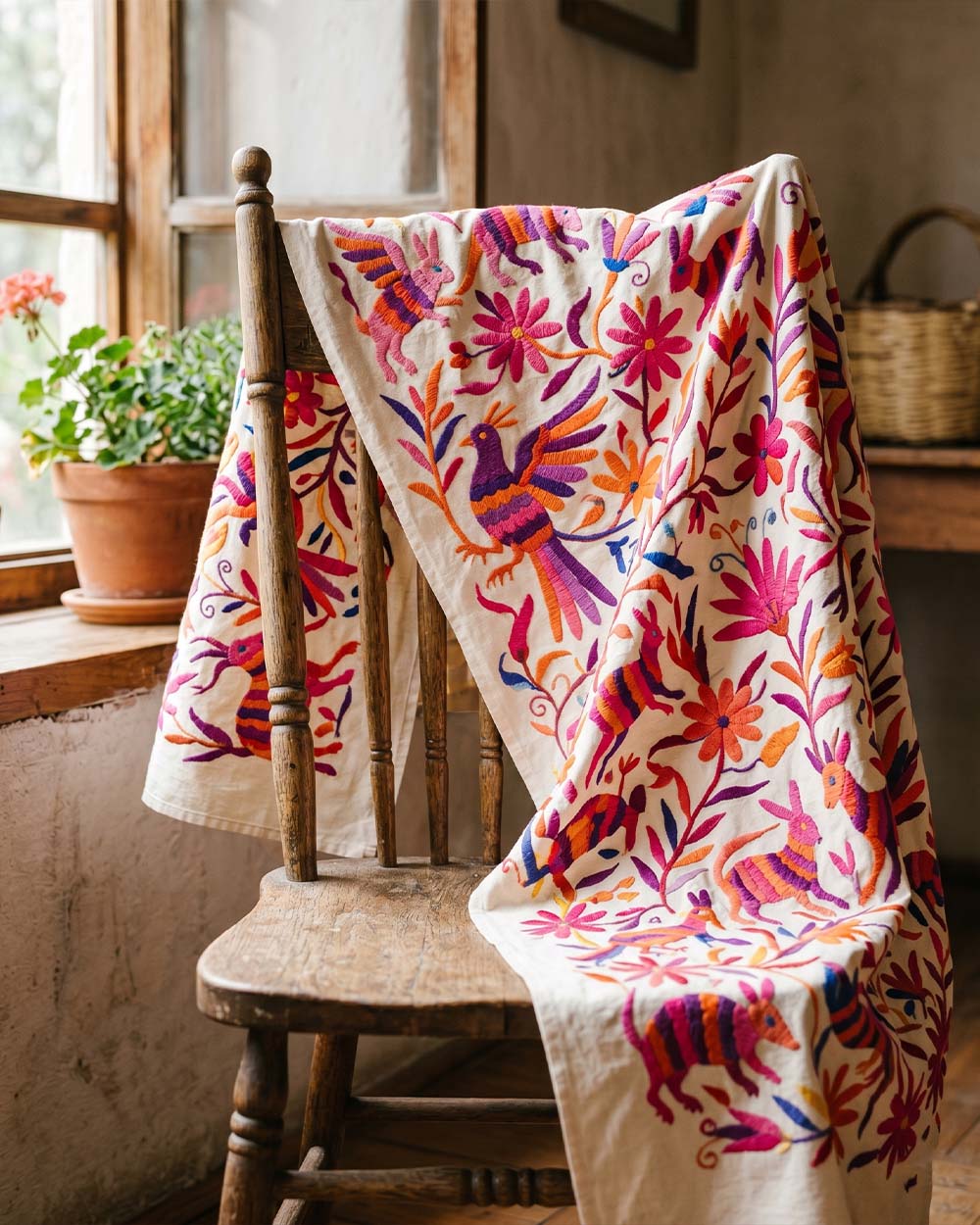 Hand-embroidered Otomí Tenango textile with colorful animal and floral motifs from Hidalgo, Mexico