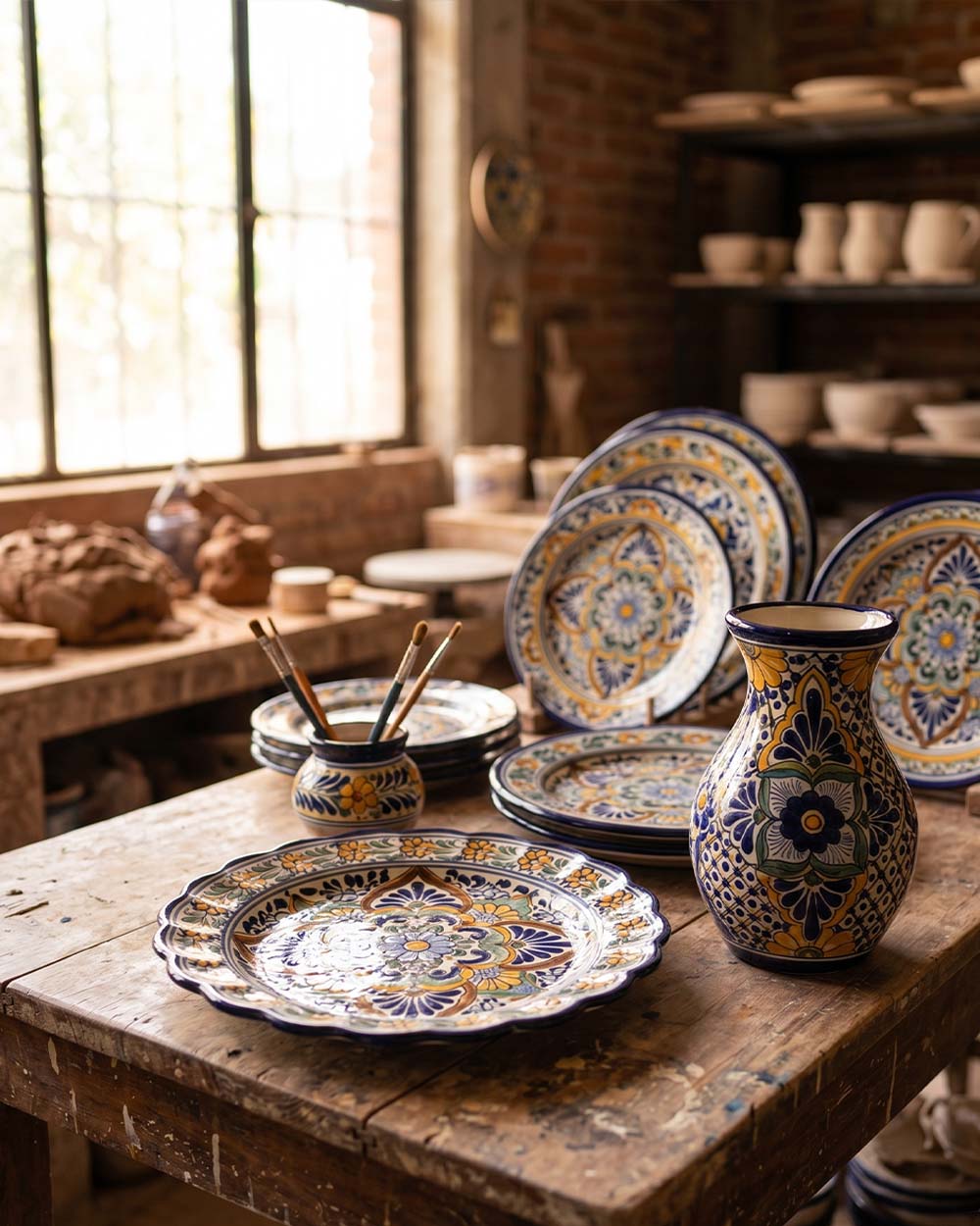 Hand-painted Talavera ceramic pottery in cobalt blue and ochre patterns from Puebla, Mexico