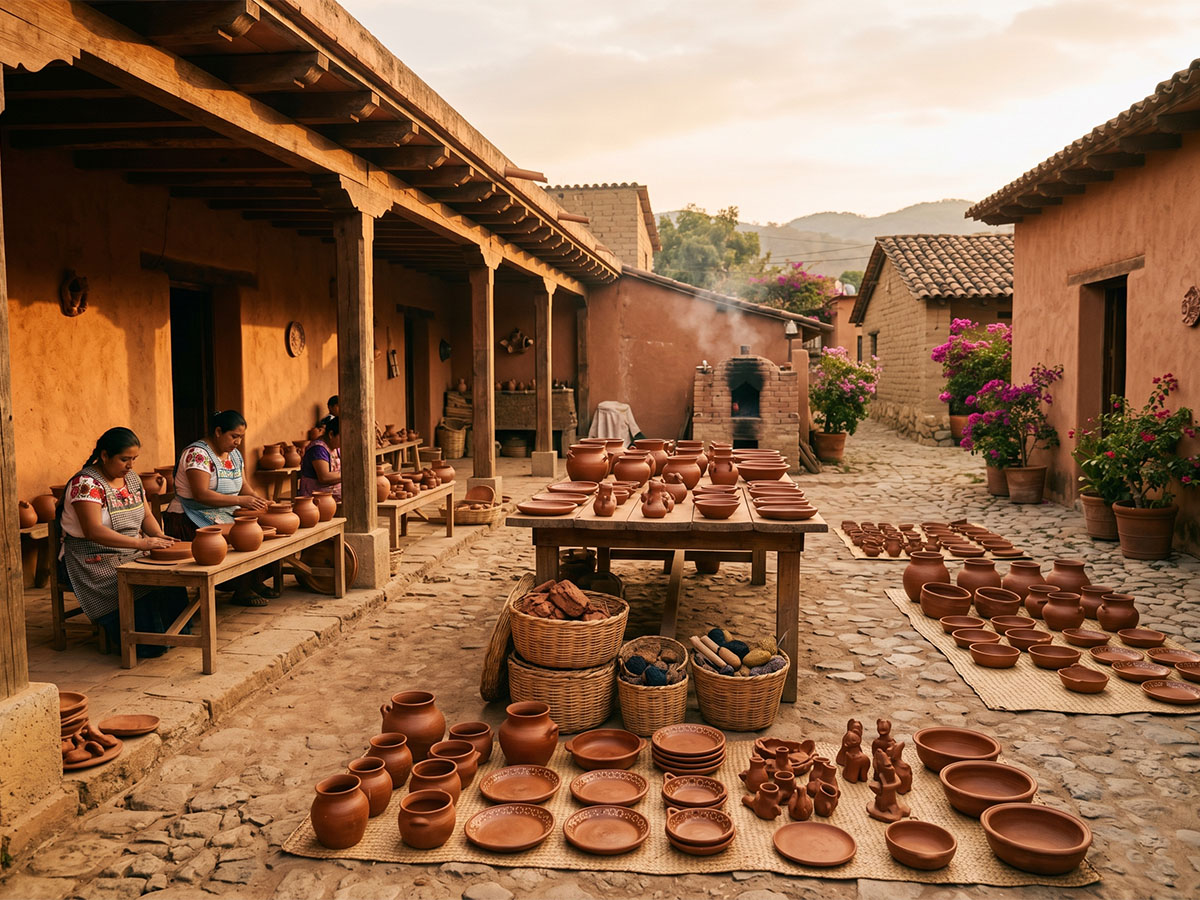 Workshop courtyard with folk art pieces in golden hour light