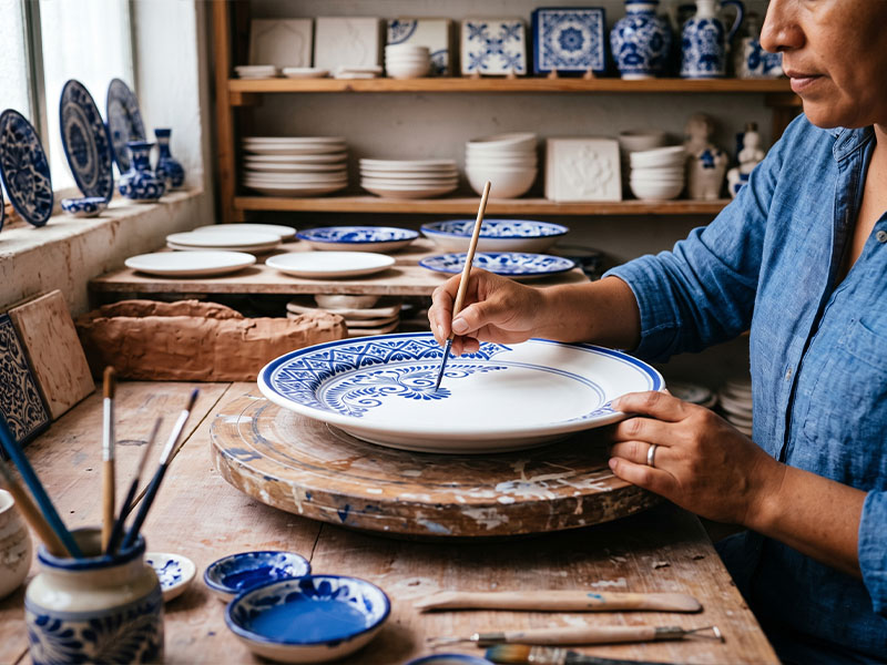 Artisan hand-painting blue and white floral motifs onto a Talavera ceramic plate in a Puebla workshop