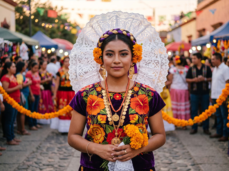Zapotec woman from the Oaxacan Isthmus wearing an embroidered velvet huipil and lace headdress during a festival