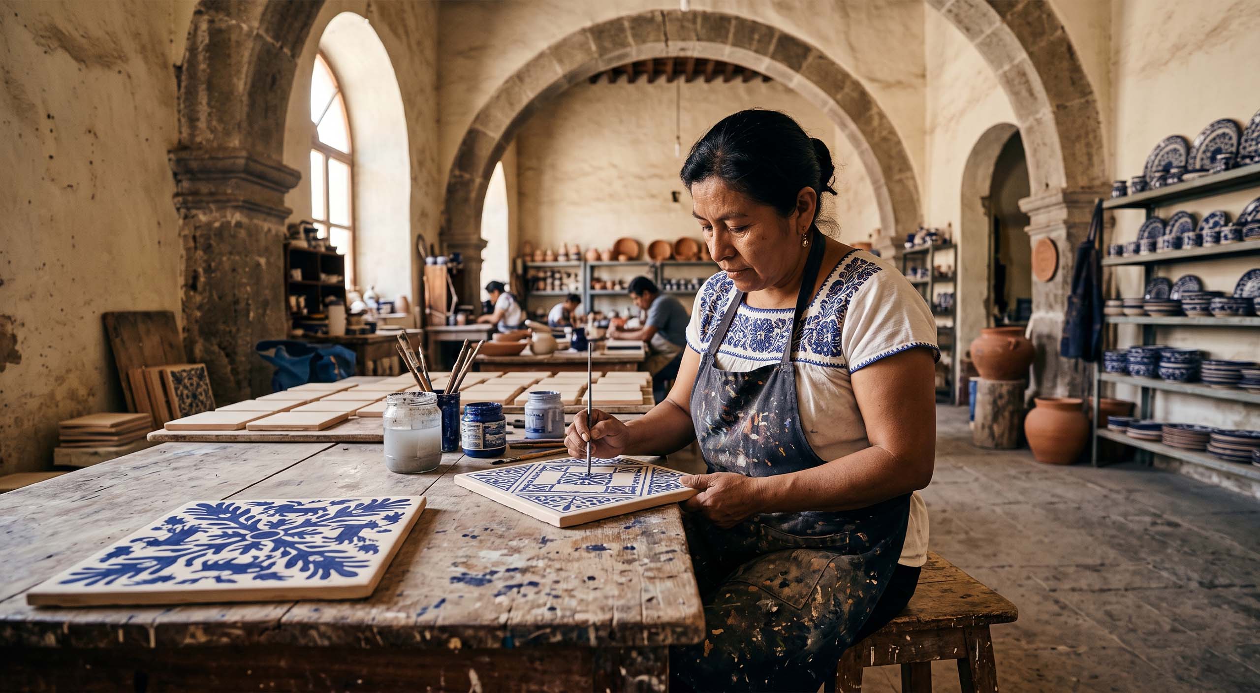 Talavera tiles being painted in a colonial-era Puebla workshop, Spanish and Indigenous motifs side by side
