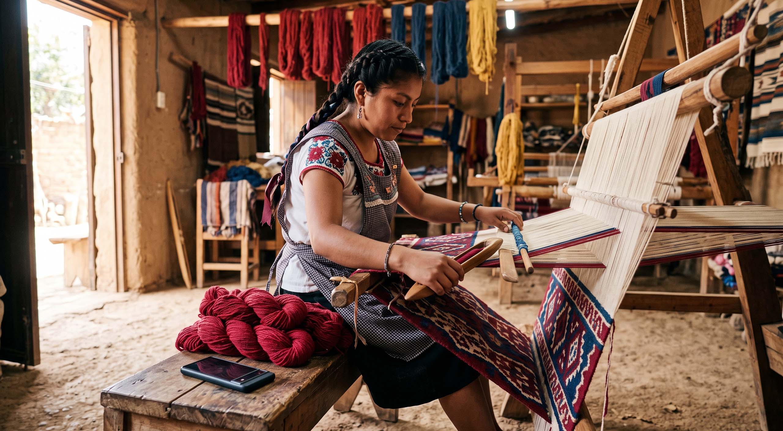 Young Zapotec weaver at a loom in Teotitlán del Valle, smartphone resting beside natural-dye skeins