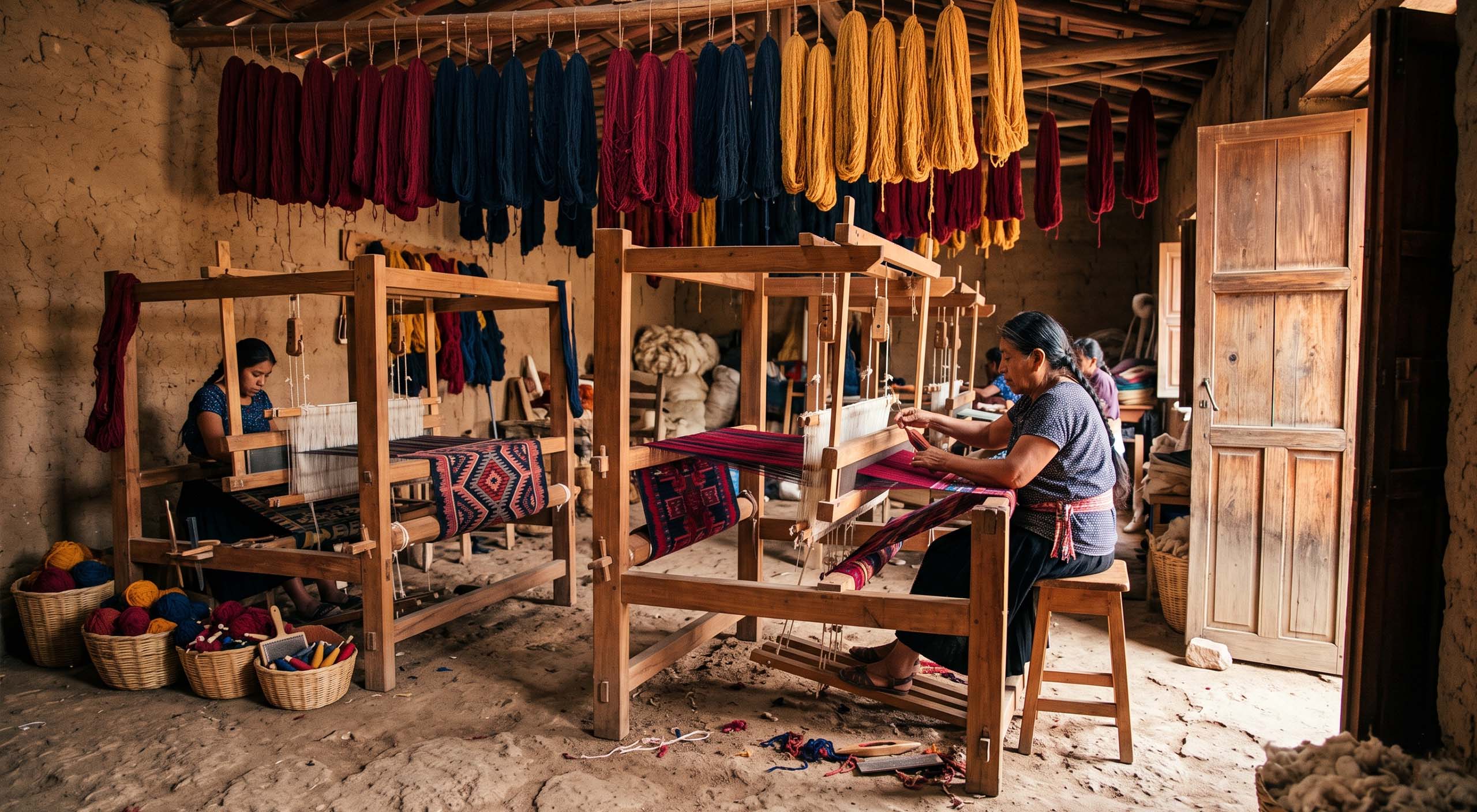 1930s-style weaving cooperative interior — Zapotec weavers at treadle looms, natural-dye wool skeins overhead