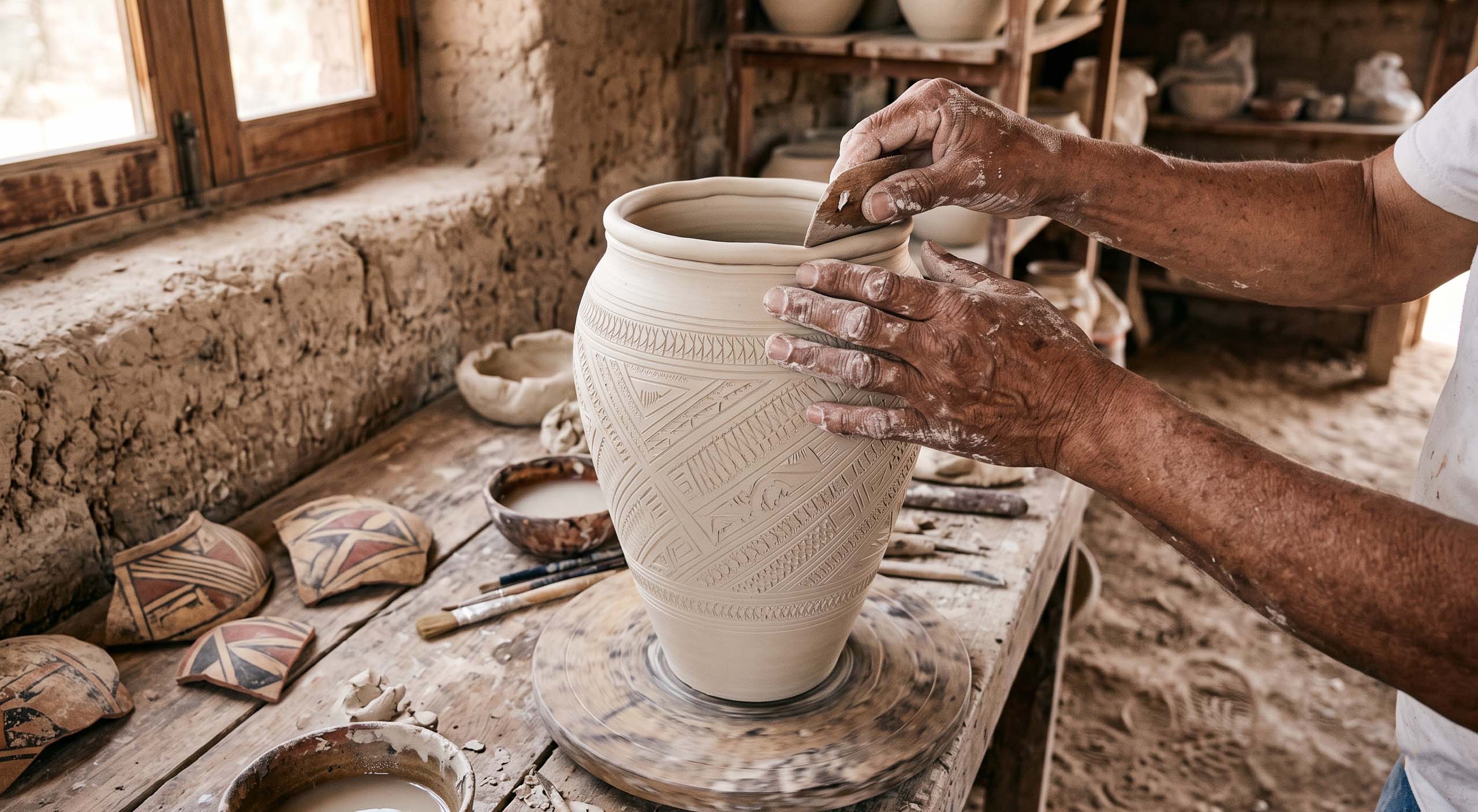 Juan Quezada's hands shaping a Mata Ortiz vessel in a Chihuahuan desert workshop