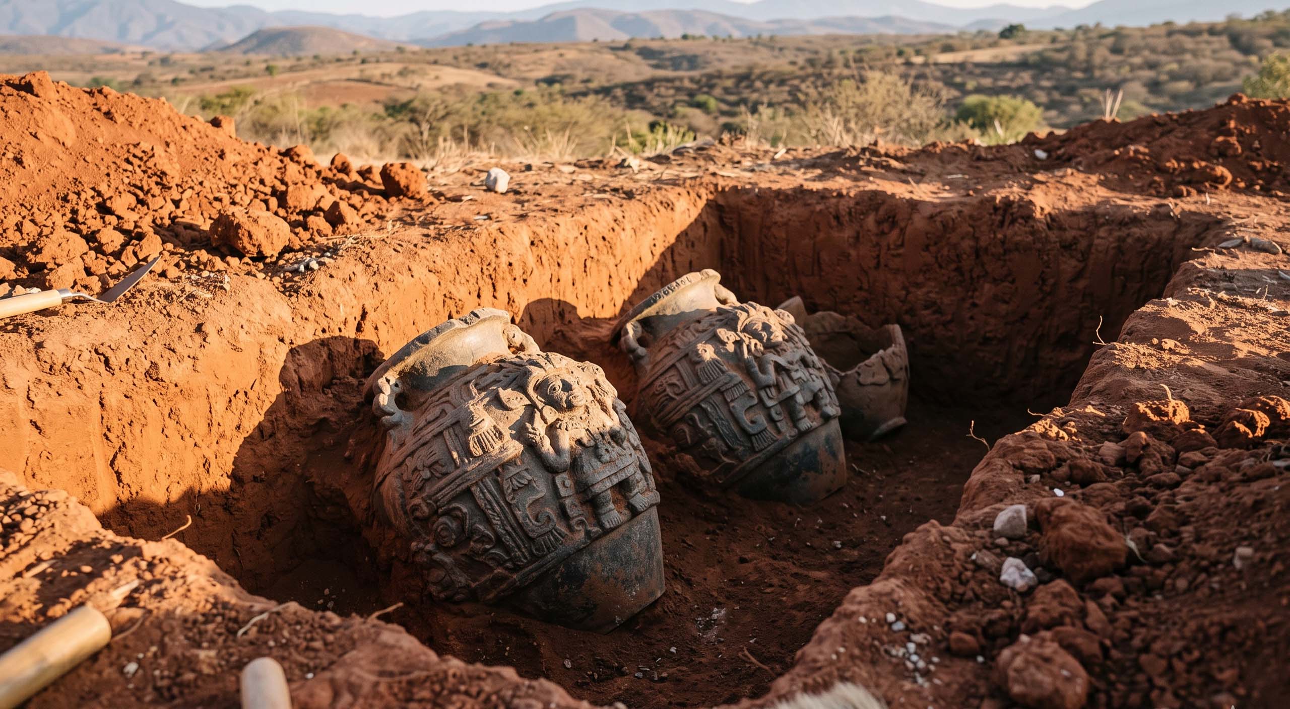 Pre-Columbian Zapotec ceramic urns in situ in an Oaxacan archaeological site