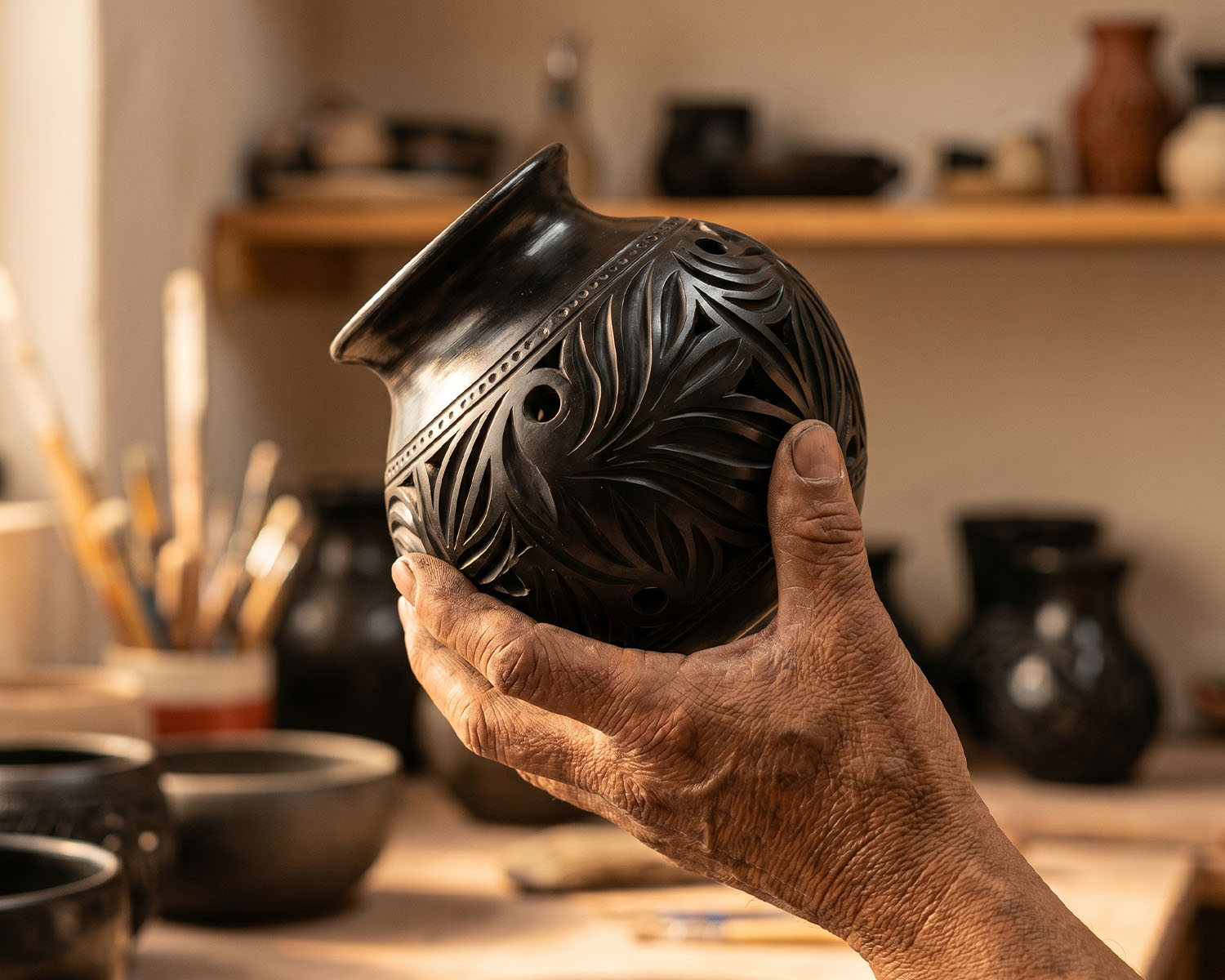 Hands examining a barro negro piece, Oaxaca