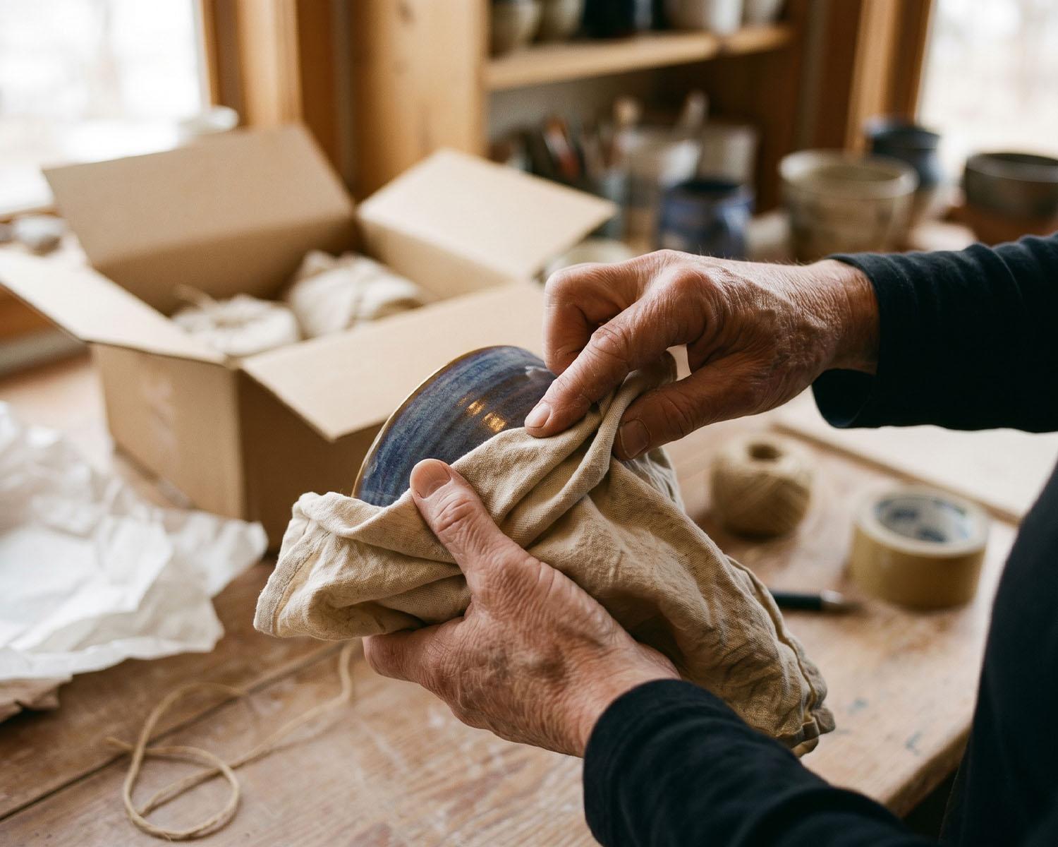 Hands carefully wrapping a ceramic piece for shipping