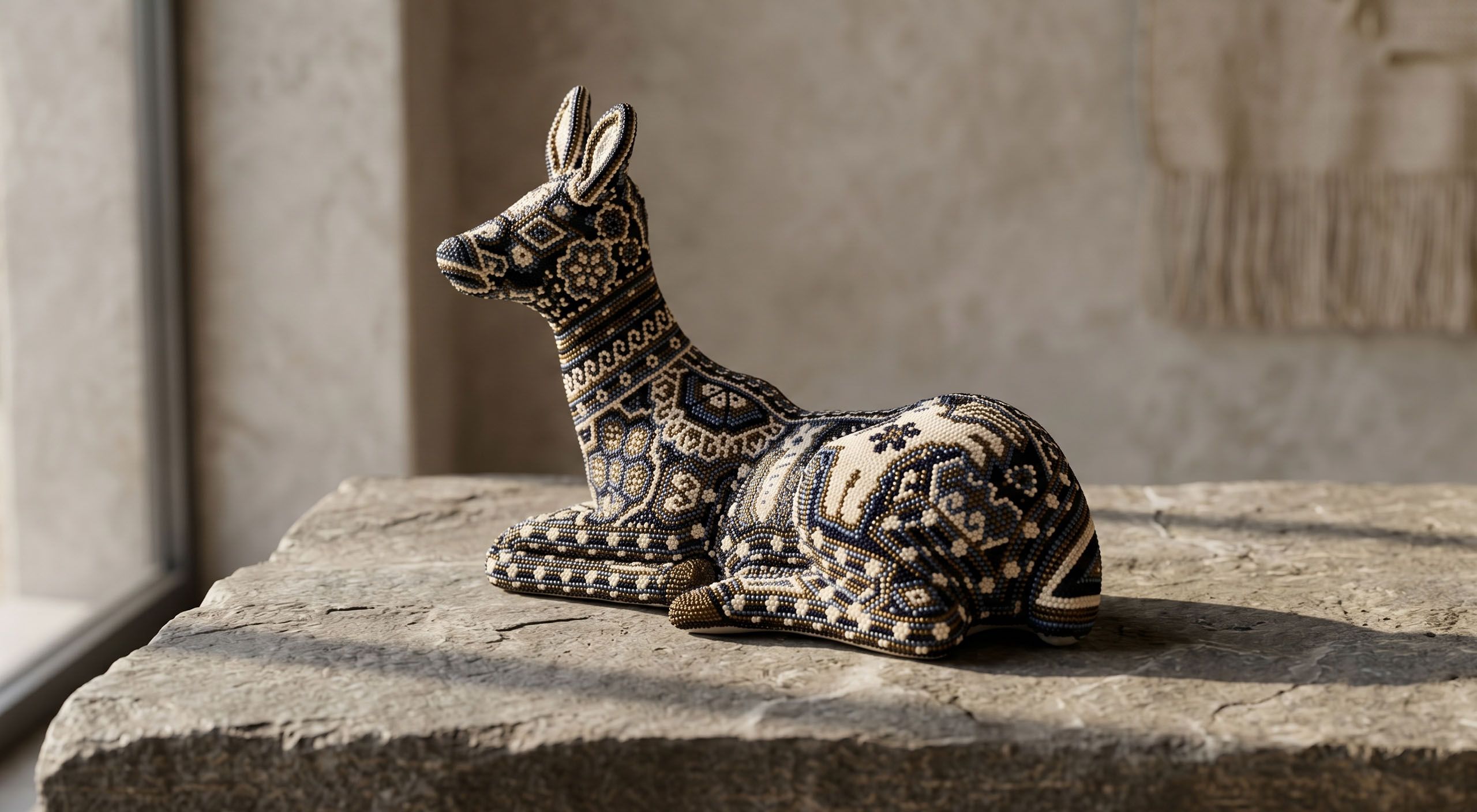 Vibrant Huichol beaded deer skull sculpture covered in intricate multicolour geometric patterns and spiritual symbols