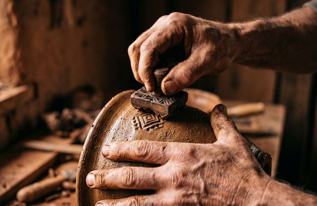 Close-up of artisan hands pressing geometric patterns into wet clay using a carved wooden stamp, workshop light