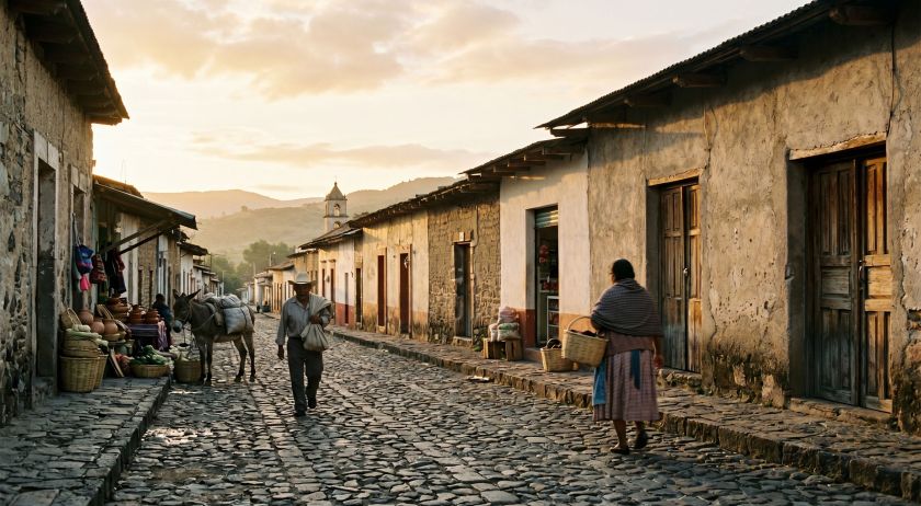 Early morning village market street in rural Mexico at sunrise