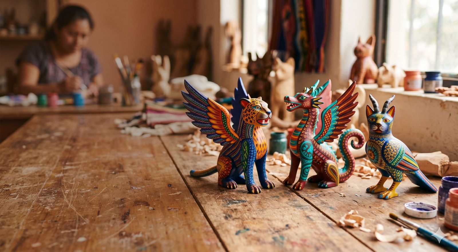 Hand-carved and hand-painted wooden alebrije spirit animal figures from Oaxaca, Mexico