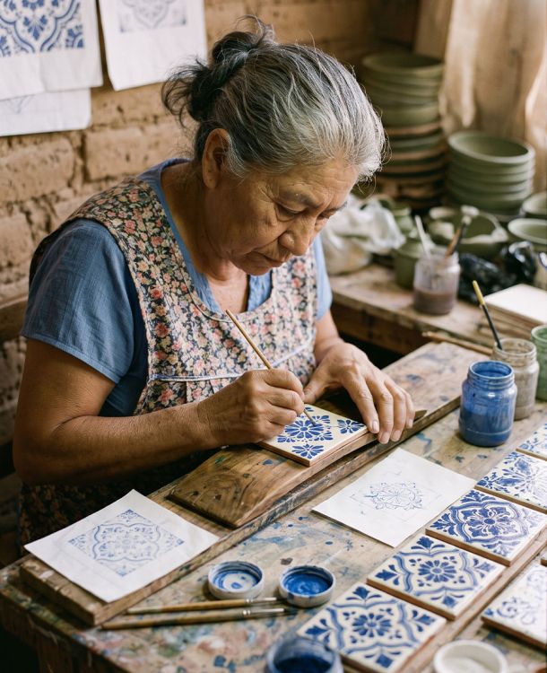 Catalina Vega Reyes hand-painting a Talavera tile in her Tonalá ceramics workshop, fine brush detailing a blue-and-white floral motif on white tin-glazed earthenware