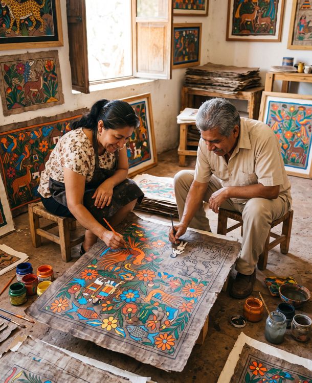 Rosa and Héctor Jiménez painting an amate paper panel in their Guerrero workshop, bold black outlines filled with vivid mineral pigments