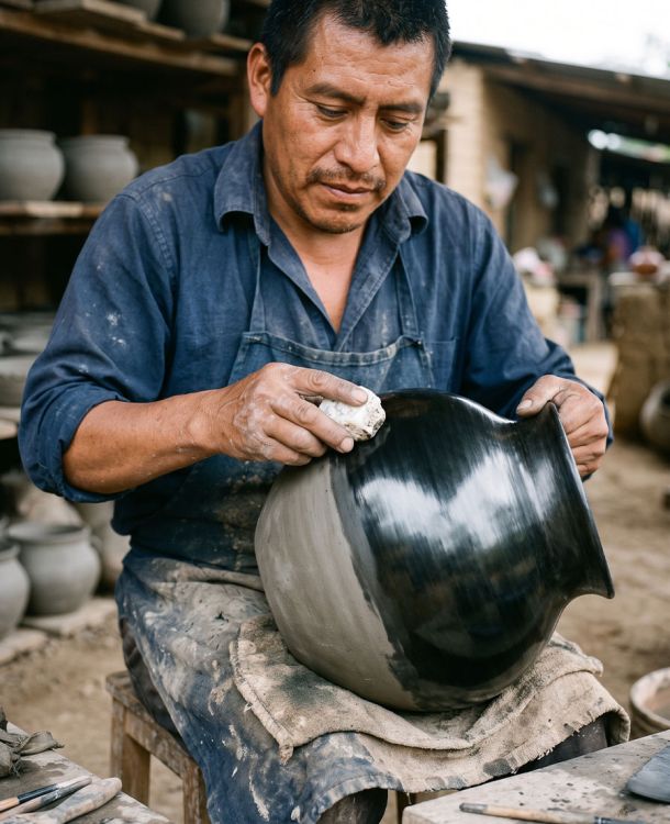 Alejandro Cruz Morales hand-polishing a barro negro vessel in his San Bartolo Coyotepec workshop, the black clay gleaming under natural light