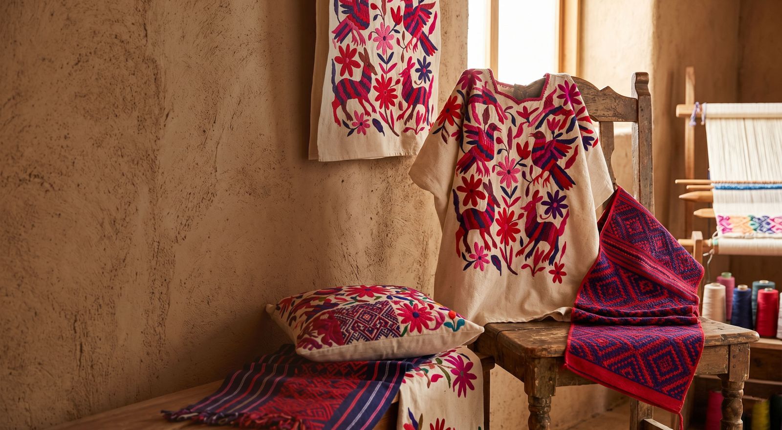 Handwoven textiles and hand-embroidered Otomí fabric with floral patterns from Mexico