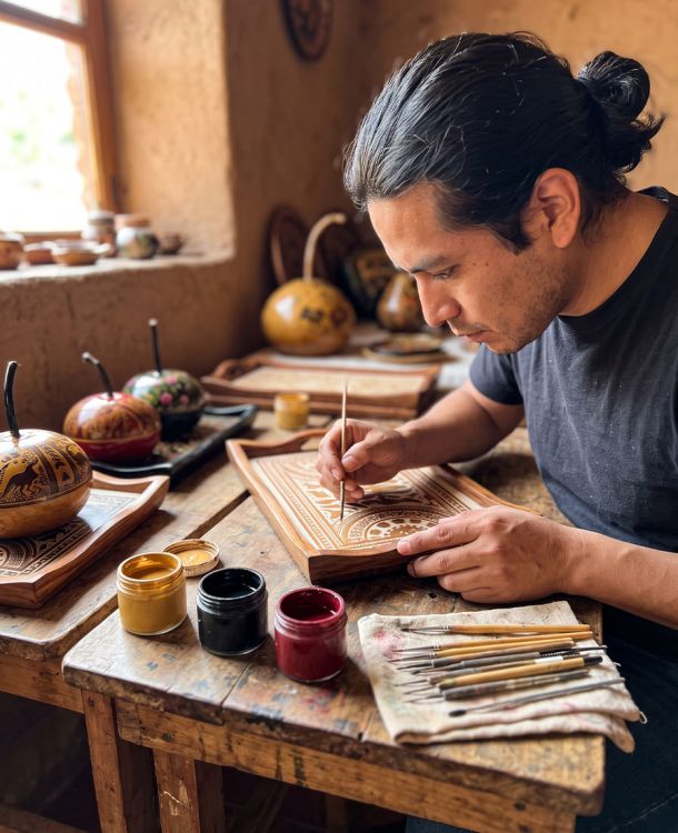 A member of the Torres Sánchez family applying lacquer to a wooden tray using the traditional Olinalá technique, small brushes and pigment pots nearby