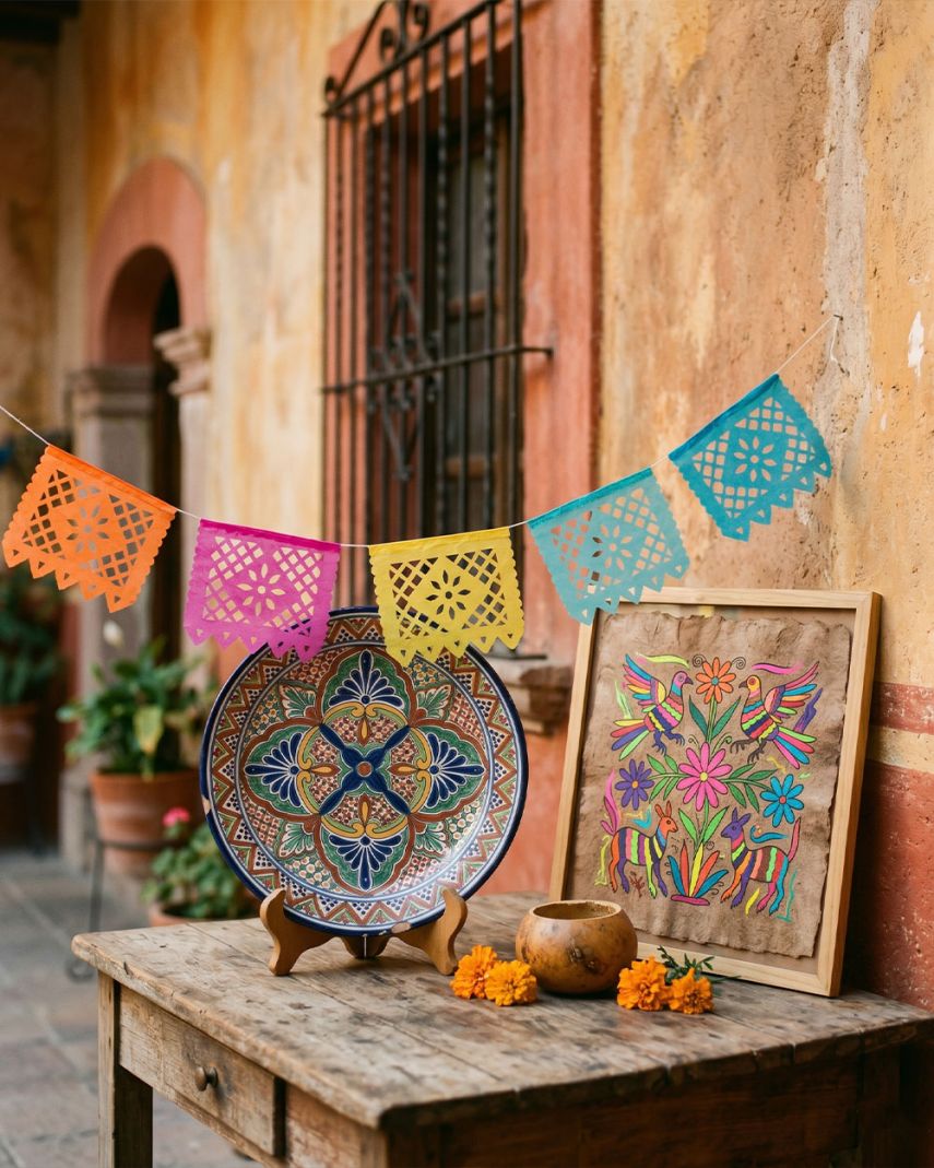 Folk art from Central Mexico including Talavera pottery and papel picado