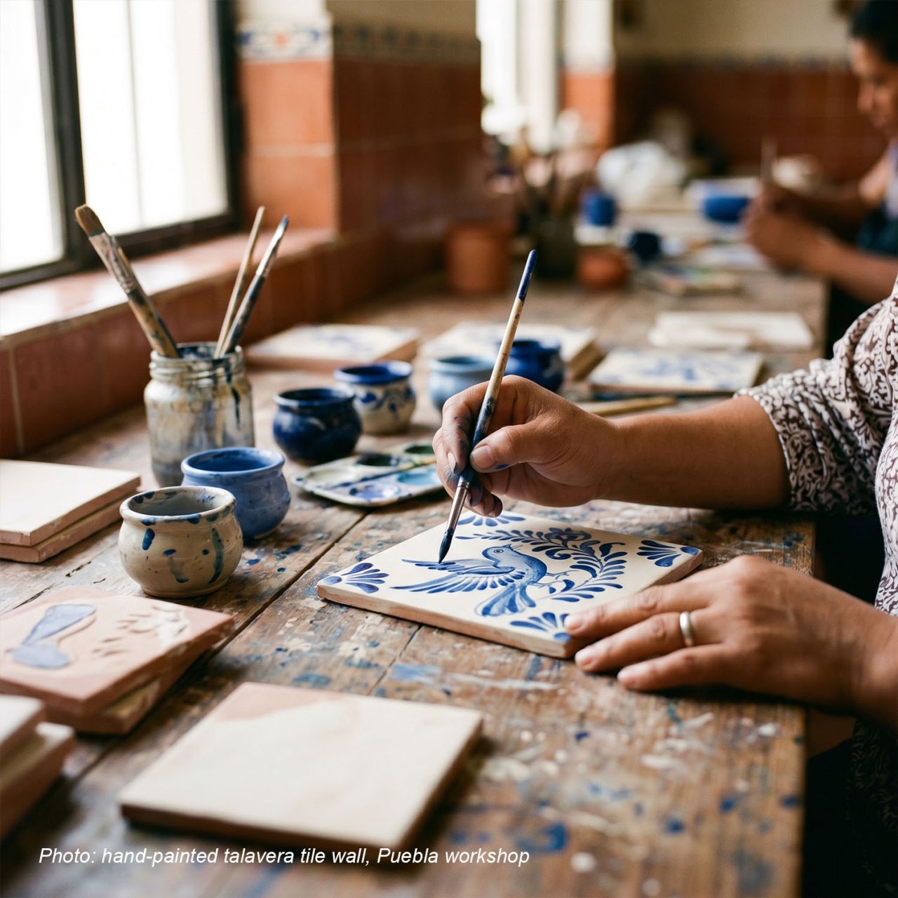 Hand painting a cobalt-blue Talavera tile pattern in a Puebla workshop
