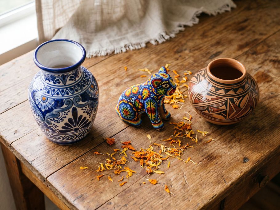 Handmade Mexican folk art gifts arranged on a rustic wooden surface — Talavera vase, Huichol beaded sculpture, and Mata Ortiz pottery