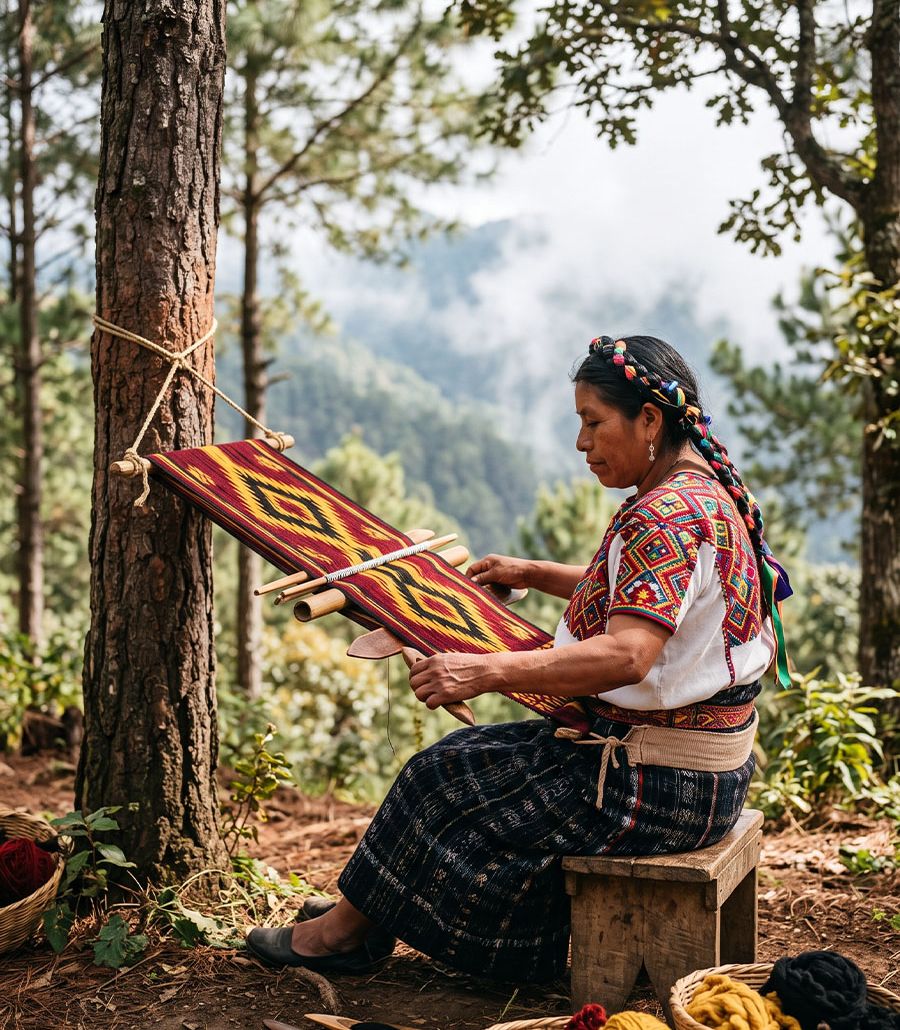 Lucía Pérez Gómez seated at a backstrap loom in highland Chiapas, weaving a geometric Tzotzil textile in vivid red, yellow, and black