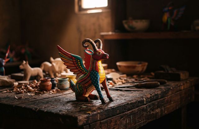 A hand-painted Oaxacan alebrijes figure on a worn wooden shelf in a dim workshop, bright pigment colours against dark surroundings