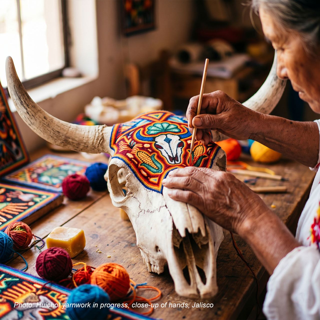 Hands threading colorful yarn into a Huichol yarnwork pattern, Jalisco