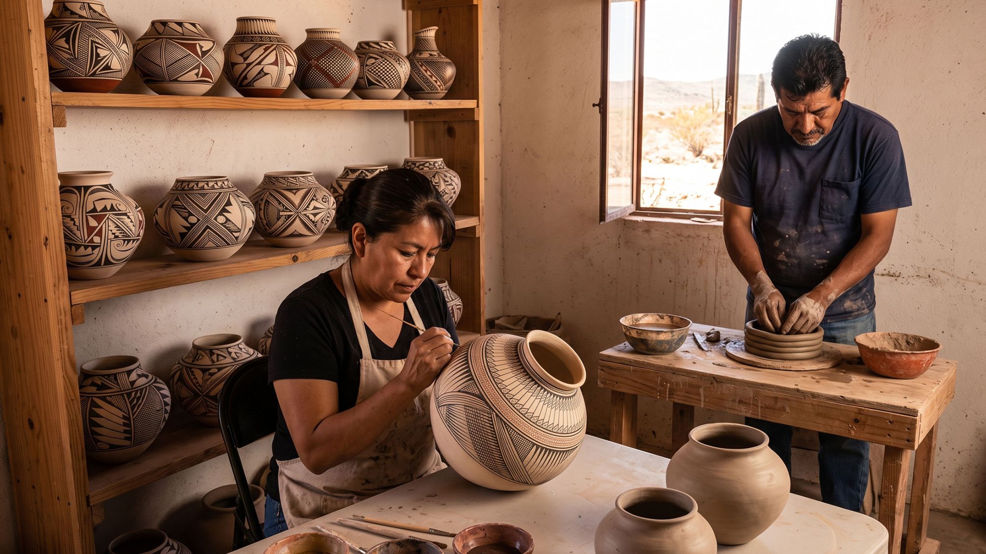 Javier and Carmen Morales López in their Mata Ortiz studio surrounded by hand-coiled pots, Carmen applying fine geometric brushwork to a fired vessel while Javier shapes a new form
