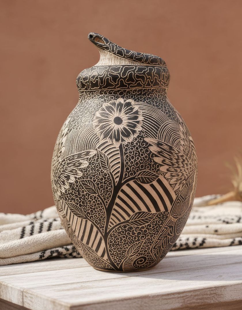 A Snake on the Hunt and a Hummingbird β Mata Ortiz Sgraffito Vessel by Alex Jurado