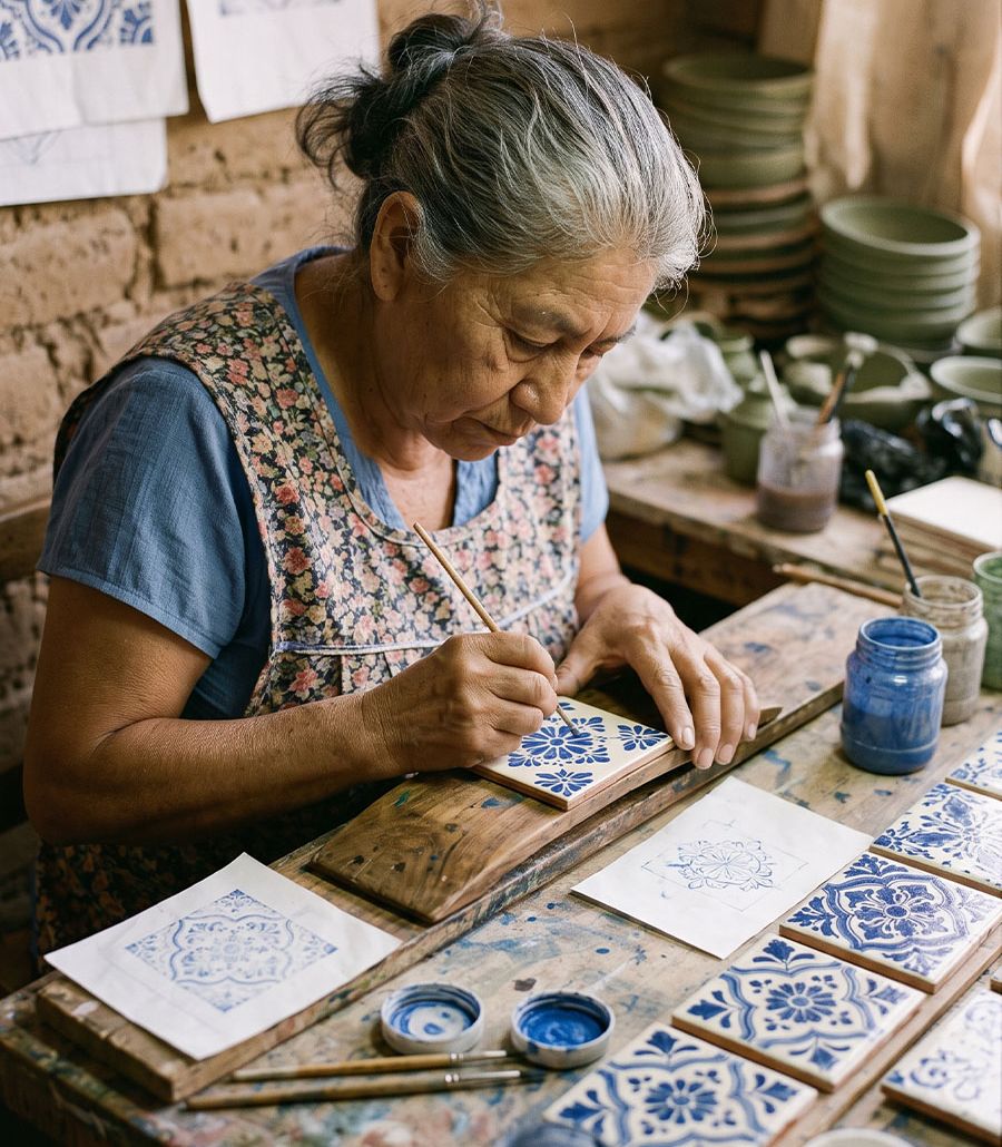 Catalina Vega Reyes hand-painting a Talavera tile in her Tonalá ceramics workshop, fine brush detailing a blue-and-white floral motif on white tin-glazed earthenware