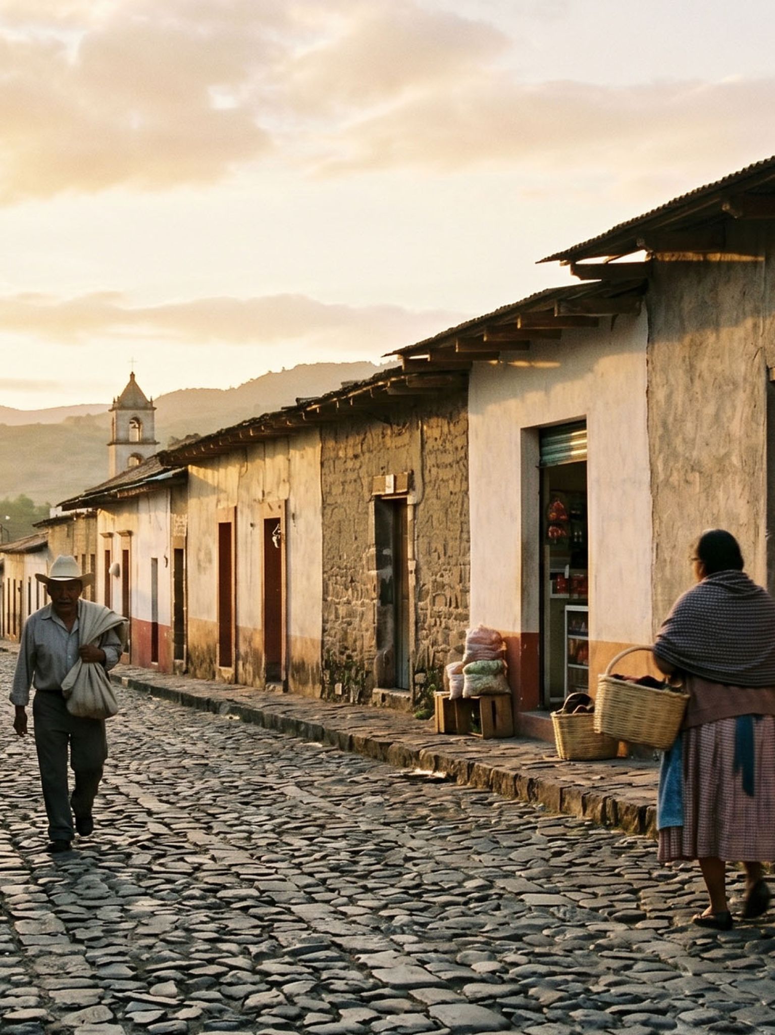 Early morning village market street in rural Mexico at sunrise